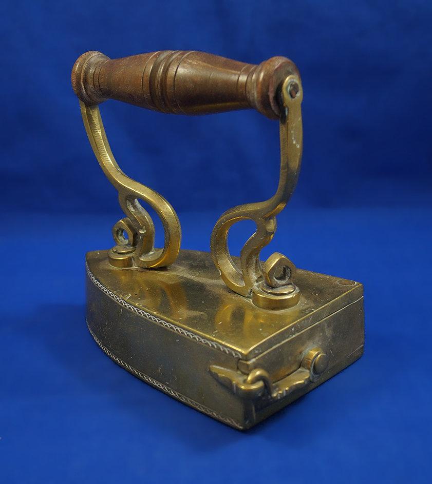 Box iron, brass, wood handle, swing gate, Ht 6 1/4", 6" long