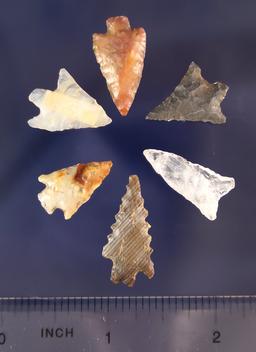 Set of 6 assorted Arrowheads found near the Columbia River and in Oregon, largest is 1"/