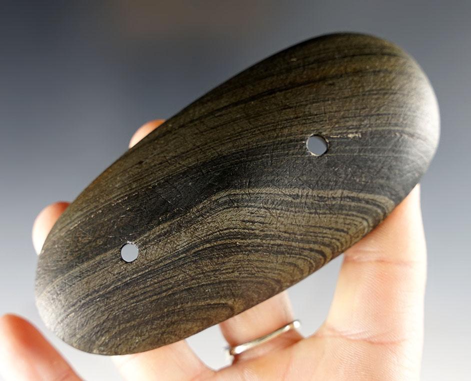 4 5/16" Humped Gorget made from nicely Banded Glacial Slate. Found in Ohio.