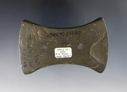 3 1/2" Bi-Concave Gorget made from green Slate. Found in Stark Co., Ohio. Ex. Gilbert Dilley.