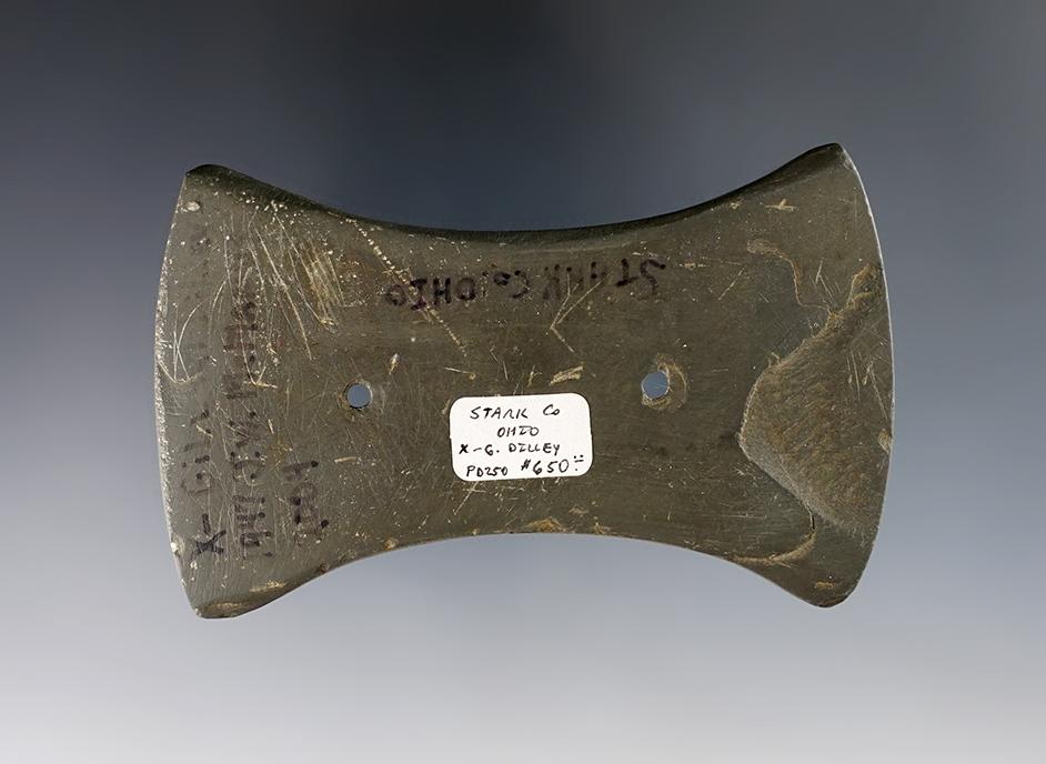 3 1/2" Bi-Concave Gorget made from green Slate. Found in Stark Co., Ohio. Ex. Gilbert Dilley.