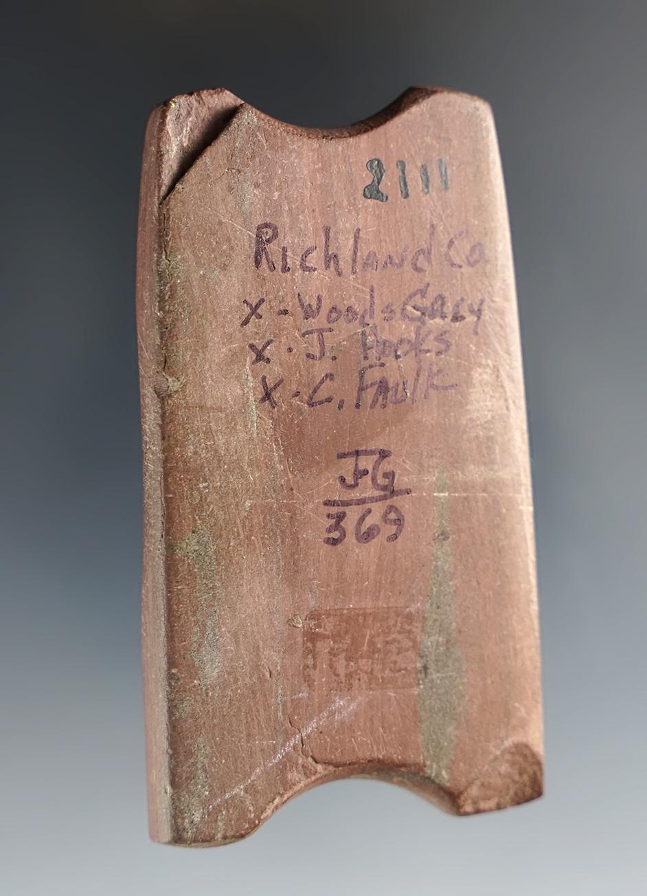 2 7/8" Undrilled Reel Gorget - red Slate. Plymouth, Richland Co., Ohio. Ex. Grey,  Jack Hooks, Fulk.
