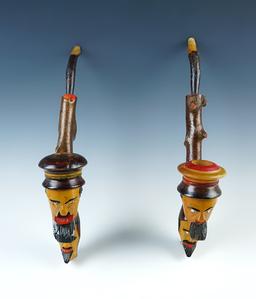 Pair of 100+ year old Folk Art hand-carved and painted wood Pipes.