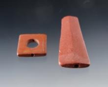 Catlinite Beads. 2 1/4" Trapezoidal & 9/16" Perforated Square. Townley Reed Site, NY.