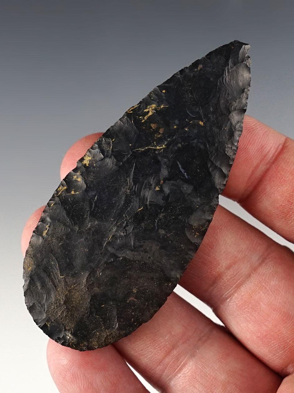 3 1/8" Adena Cache Blade made from Coshocton Flint. Found in Fairfield Co., Ohio.