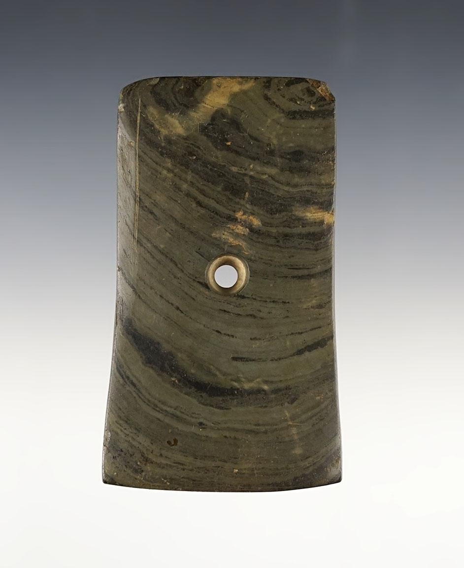 3 3/4" Bell Pendant made from green and black Banded Slate. Found in Nobel Co., Indiana.