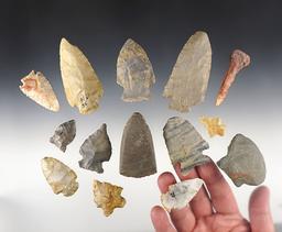 Set of 14 assorted Indiana artifacts including points and a small Celt. The largest is 3 1/8".