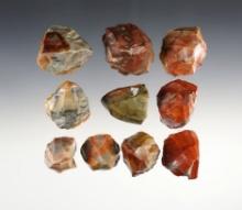 Set of 10 colorful Ohio Cores made from Flint Ridge Flint. Ex. Gilbert Dilley collection.