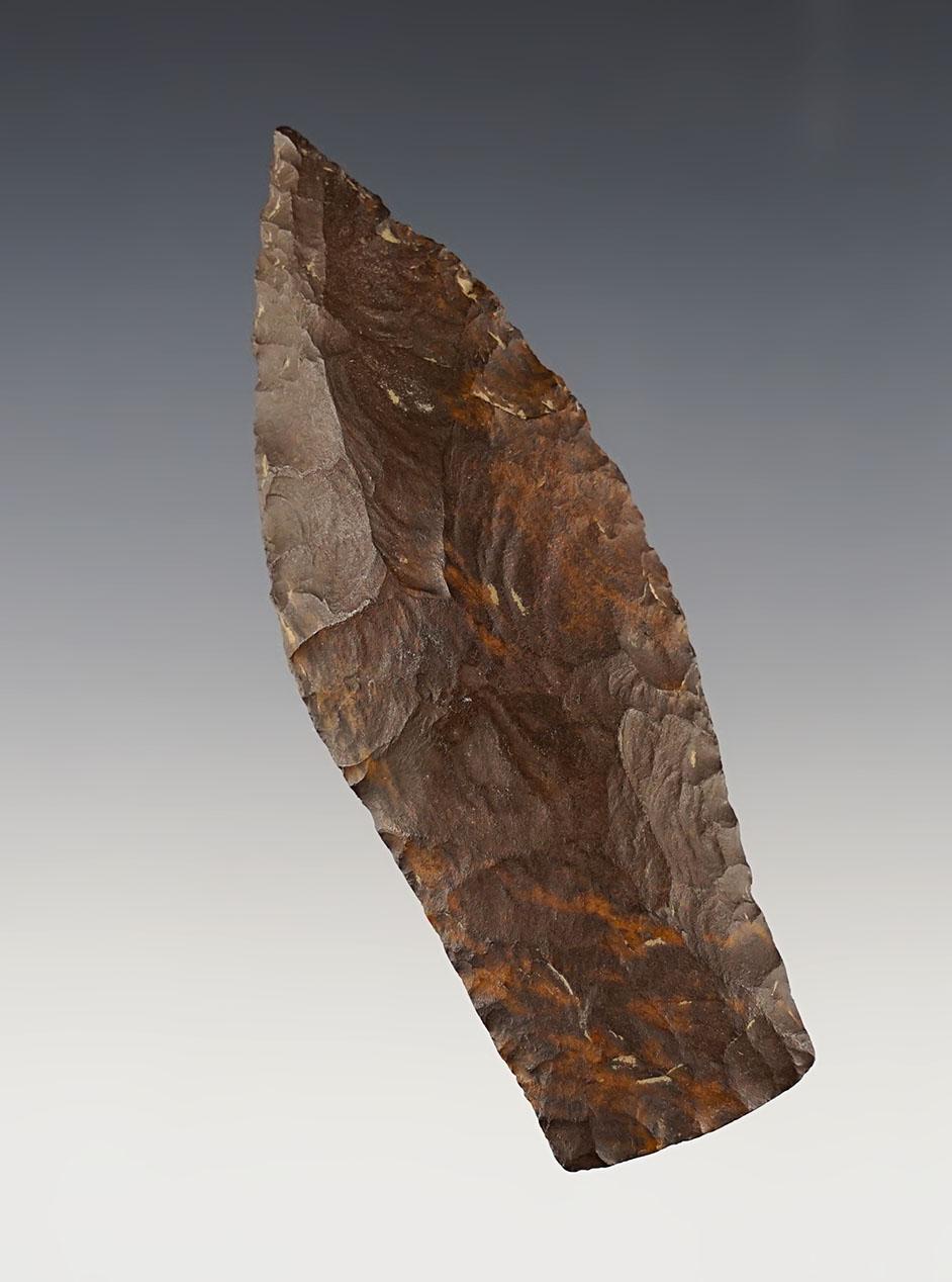 Fine 3 11/16" Copenamade from a patinated chocolate-colored chert. Found in Tennessee.