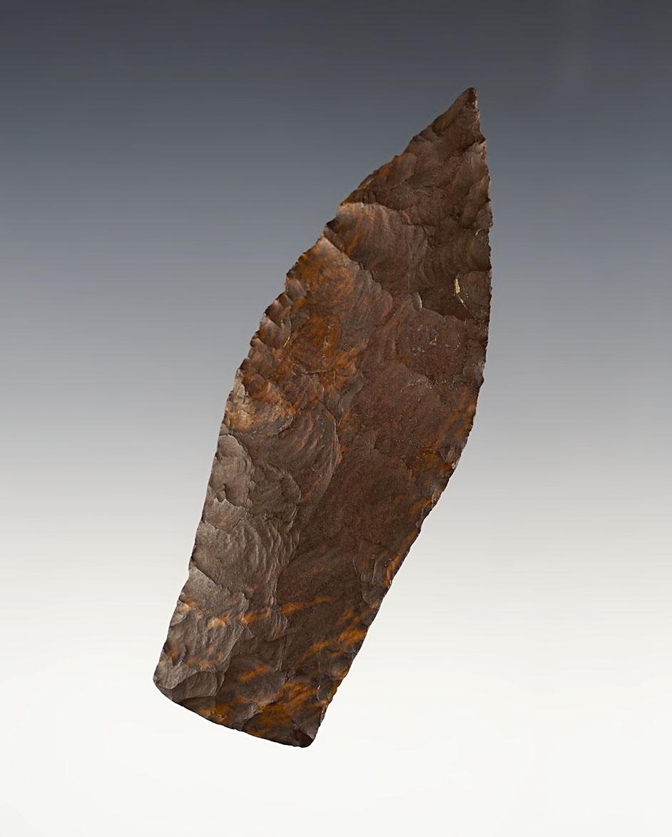Fine 3 11/16" Copenamade from a patinated chocolate-colored chert. Found in Tennessee.