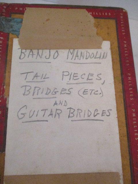 Vintage Fender Volume/Tone Pedal and Cigar Box of Banjo/Mandolin Frets, Guitar Bridges,etc.