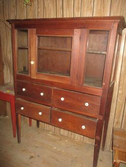 Antique Wood Hutch with Glass Doors and Four Drawers