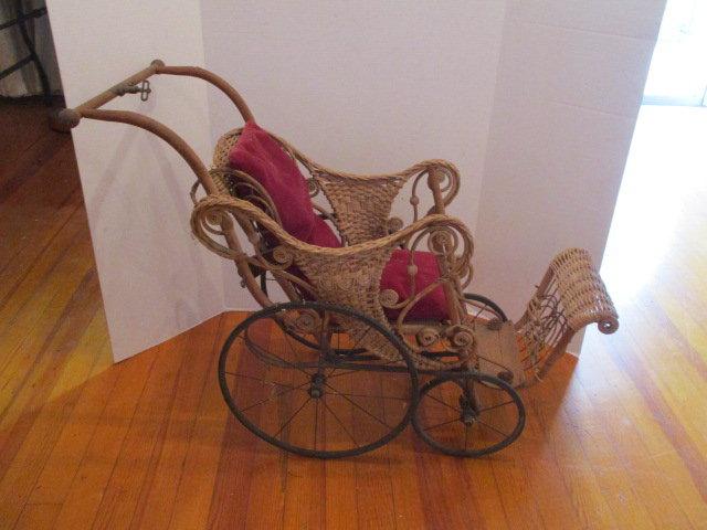 Antique Wicker Doll Stroller with Removable Cushions