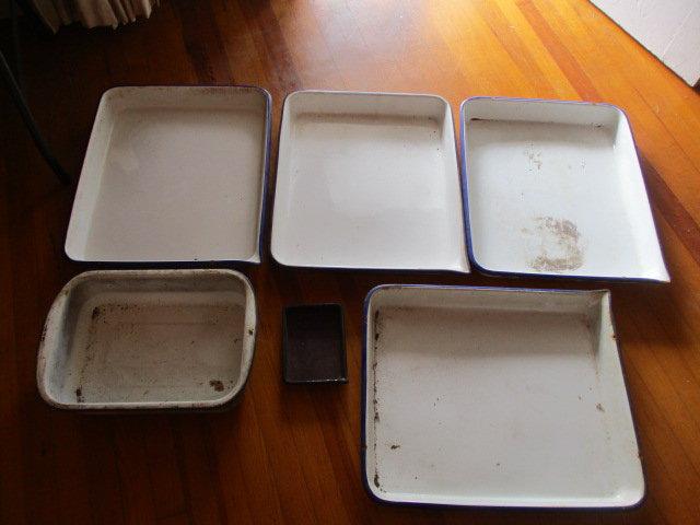 Four Large Antique Enamel Film Developing Trays, One Small and