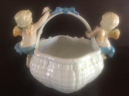 RARE Antique Porcelain Cherub Basket