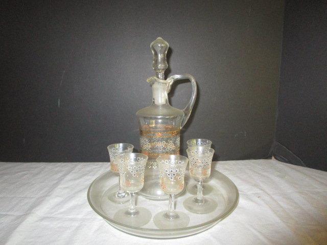 Handblown Glass Decanter with 5 Cordials and Glass Tray