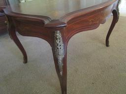 Antique Table with Queen Anne Style Legs, Brass Details and Wood Inlay