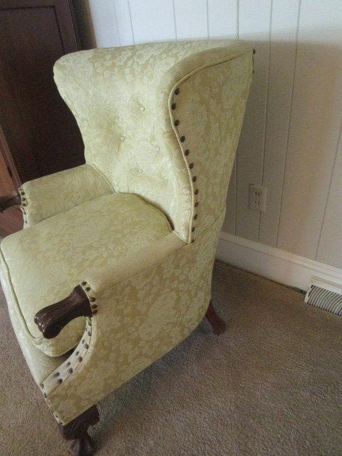Chippendale Style Upholstered Wing Back Chair with Claw & Ball Feet
