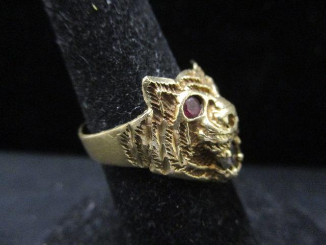 14k Gold Lion's Head Ring w/ Ruby Eyes and CZ Stone in Mouth-Size 7.5