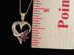 14k Gold 16" Chain with Diamond and Pink Stone Heart Pendant