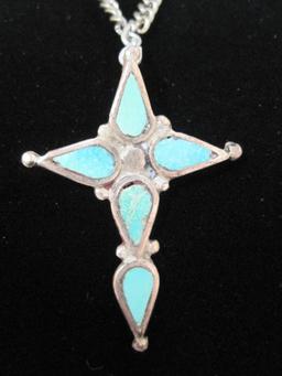 Sterling Silver Turquoise Cross on 22" Silvertone Chain