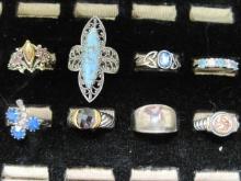 Lot of 8 Silver tone Costume Rings- Assorted Sizes