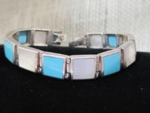 7" Sterling Silver Turquoise and Mother of Pearl Link Bracelet
