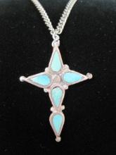 Sterling Silver Turquoise Cross on 22" Silvertone Chain