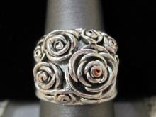 Sterling Silver Wide Band Ring with Roses