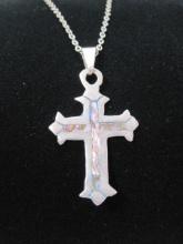Sterling Silver Cross Pendant with Mother of Pearl Inlay on Silvertone Chain