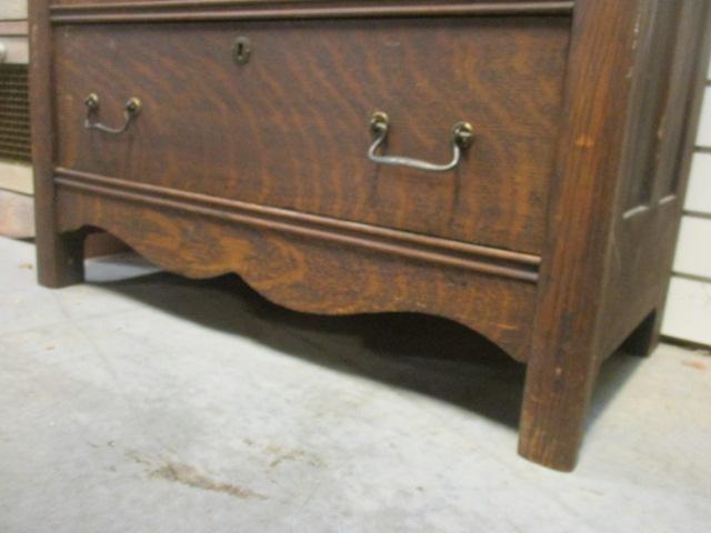 Antique Tiger Oak 5 Drawer Dresser with Beveled Mirror