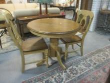 Round Wood Pedestal Table and Pair of Side Chairs