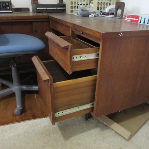 L-Shape Midcentury Wood Desk and Contents