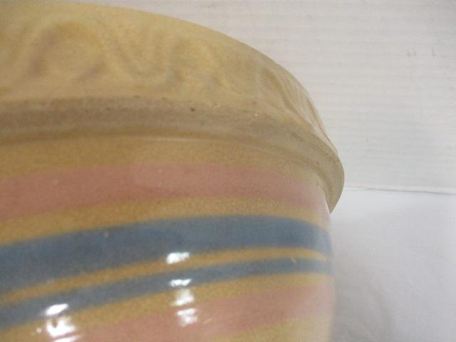 Vintage Yellow Ware Pink/Blue Salt Glaze Mixing Bowl