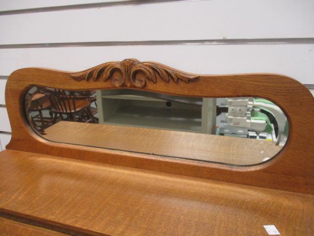 Antique Victorian Tiger Oak Secretary w/ Beveled Mirror