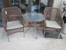 Pair of Woven Resin/Metal Frame Chairs and Side Table