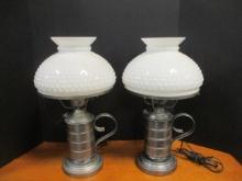 Electric Metal Oil Lantern Style Lamps w/ Hobnail Shades
