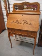 Antique Victorian Tiger Oak Secretary w/ Beveled Mirror
