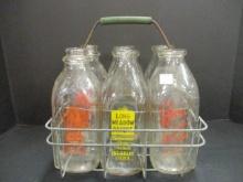 Vintage Milk Bottle Carrier with Six Glass Bottles
