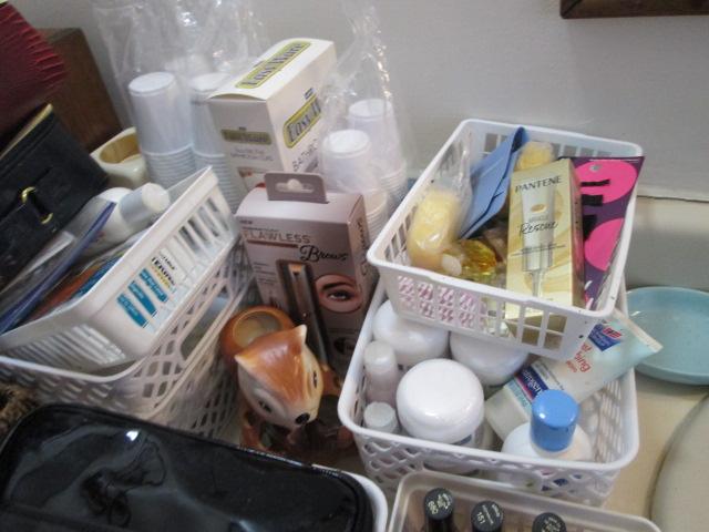 Bathroom Counter Contents - Lotions, Makeup, Estee Lauder Bags, and More
