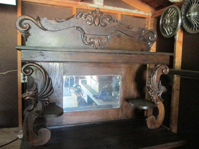Antique Wood Carved Server with Hutch and Mirror
