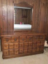 Vintage Nine Drawer Wood Dresser with Mirror