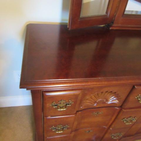 Carved Shell Cherry Dresser with Tri-Fold Mirror