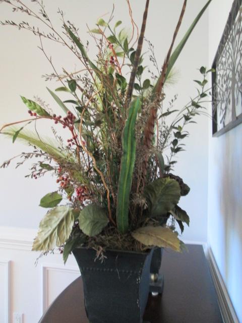 Pair of Metal Planters with Pheasant Feather and Artificial Floral Arrangement