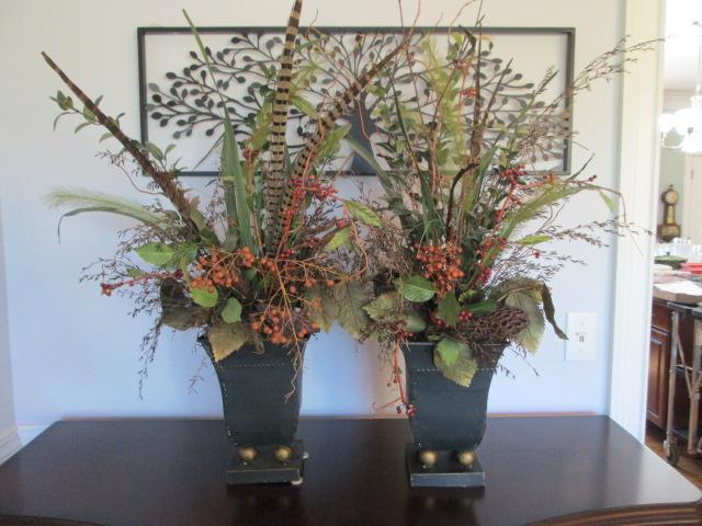Pair of Metal Planters with Pheasant Feather and Artificial Floral Arrangement