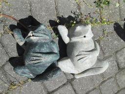 Pair of Carved Stone Lounging Frog Spitters
