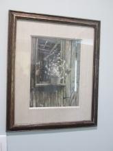Framed and Matted Daisies in Pail Sitting in Barn Window