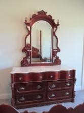 Pulaski Carved Serpentine Dresser with Cultured Marble Top and Beveled Stand Mirror