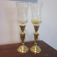 Pair of Brass Candle Holders with Glass Shades with Hummingbird Motif