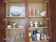 Cabinet Contents-Glassware, Serving Plate, Mugs, Travel Mugs, Bud Vase, Candle Holders, etc.
